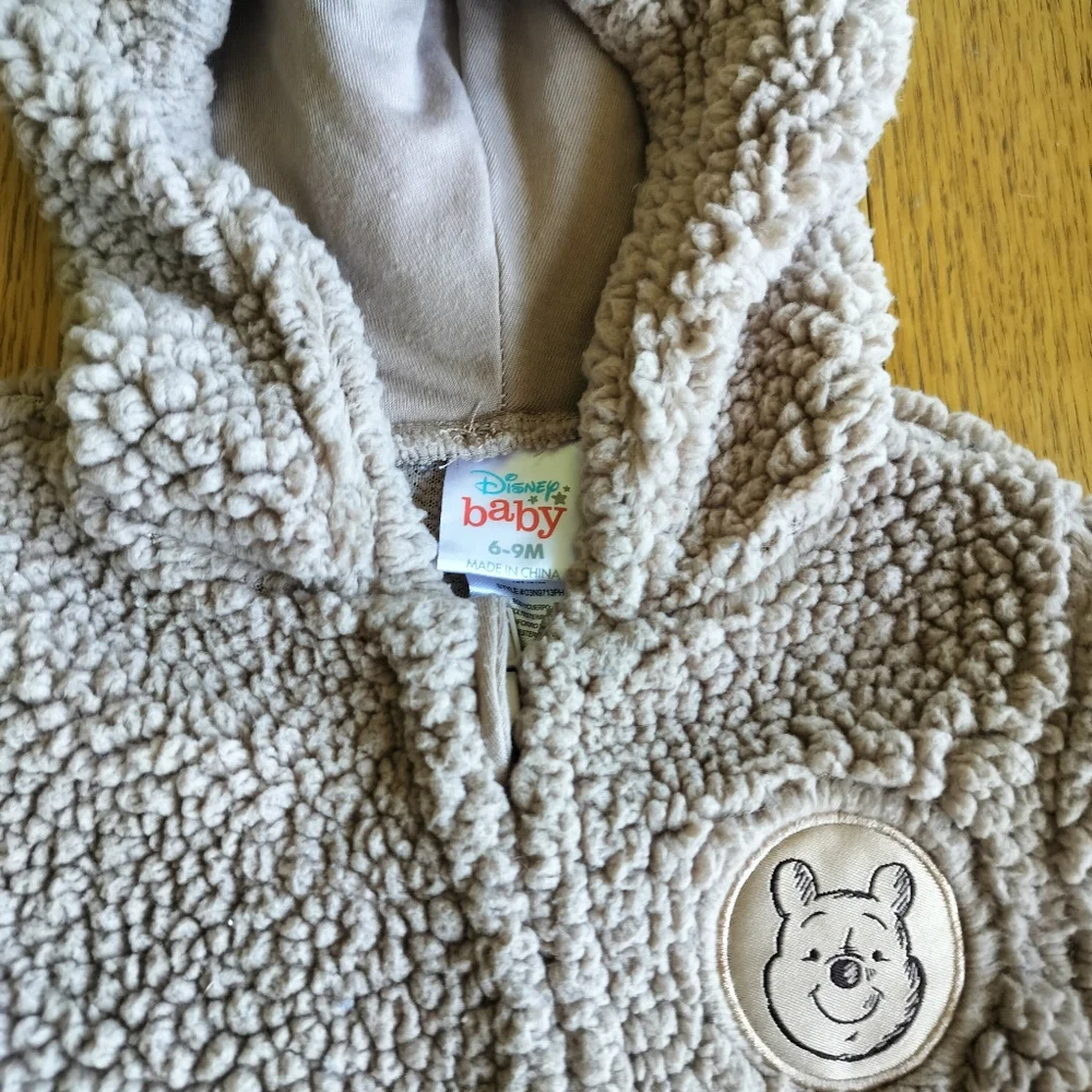 Disney Baby Pooh Brown Fuzzy Hooded Infant one piece  6-9 Months